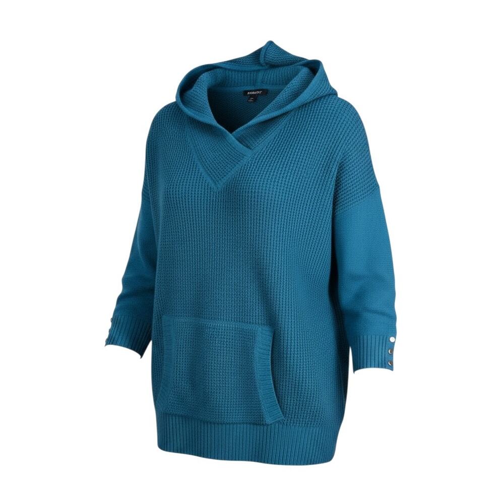Roamans Womens 22/24 Hooded Cardigan Sweater Teal Waffle Knit Plus Size Loose